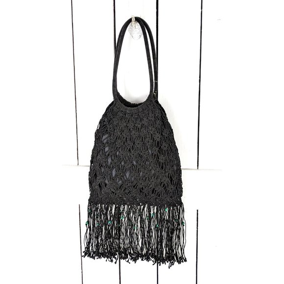 Vintage Rampage black beaded tassel fringe macramé slouchy handbag purse - Picture 3 of 5